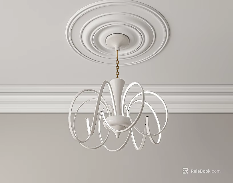 Modern White Chandelier With Curved Lines And Circular Ceiling Medallion Design 3d model 