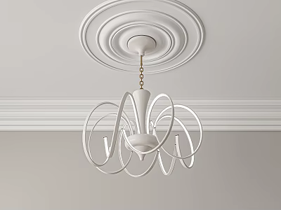 Modern White Chandelier With Curved Lines And Circular Ceiling Medallion Design 3d model