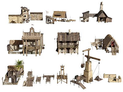 Traditional Residential Buildings With Various Styles Wooden Structures And Thatched Roofs 3d model