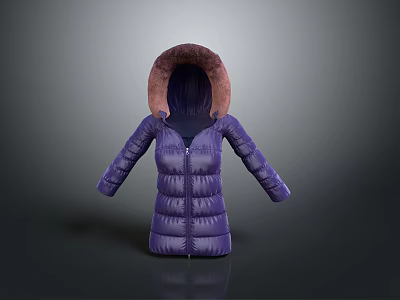 Purple Long Puffer Coat With Fur Lined Hood And Zipper Closure 3d model