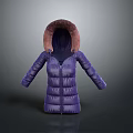 Purple Long Puffer Coat With Fur Lined Hood And Zipper Closure