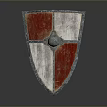 Medieval Shield as Defensive Weapon With Red and White Sections Metal Boss and Worn Surface
