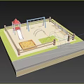 Colorful Cartoon Playground Scene with Slide Swings Sandpit Benches Fence and Grass Lawn