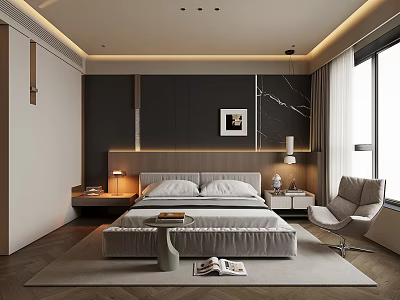 Modern Bedroom Interior With Dark Walls Decorative Painting Nightstands Table Lamps And Gray Chair 3d model