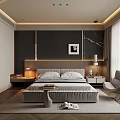 Modern Bedroom Interior With Dark Walls Decorative Painting Nightstands Table Lamps And Gray Chair