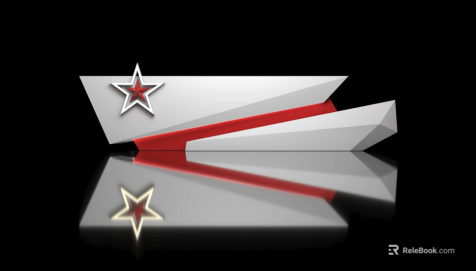 Stylish Front Desk Reception Design With Silver Red Geometric Shapes Star Accent And Reflective Surface 3d model 