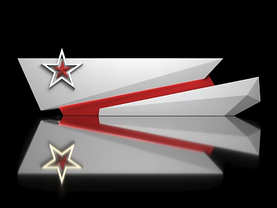 Stylish Front Desk Reception Design With Silver Red Geometric Shapes Star Accent And Reflective Surface 3d model
