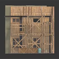 Wooden Multi Level Building Model With Shelves Windows And Blue Barrel
