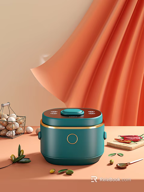 Teal Electric Rice Cooker with Egg Basket and Chili Peppers on Kitchen Counter 3d model 