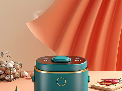 Teal Electric Rice Cooker with Egg Basket and Chili Peppers on Kitchen Counter 3d model