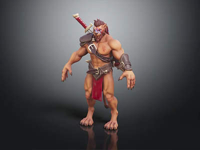 Muscular Horned Warrior Creature With Red Loincloth Shoulder Weapon Arm Bracers 3D Fantasy Character Design 3d model