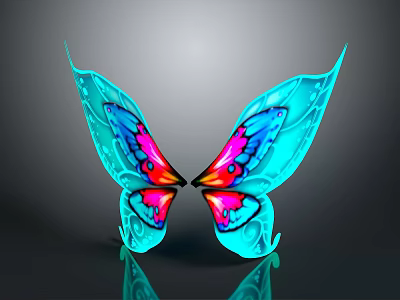 Colorful Butterfly Wing Sculpture With Turquoise Pink Red Blue Intricate Patterns And Shiny Surface 3d model