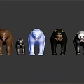 Five Different Colored Bear Figurines Standing Together on Gray Background