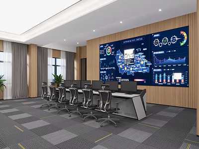 Modern Monitoring Room with Large Digital Screen Multiple Monitors Data Charts and Ergonomic Workstations 3d model
