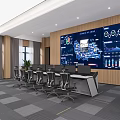 Modern Monitoring Room with Large Digital Screen Multiple Monitors Data Charts and Ergonomic Workstations