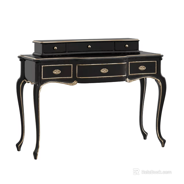 Classic Black Dressing Table With Gold Accents Multiple Drawers And Curved Legs 3d model 