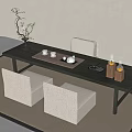 Minimalist Tea Table and Chairs with Linen Carpet Ceramic Teacups and Flower Vase