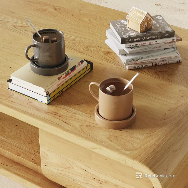 Wooden Table Setting With Two Mugs On Coasters Stacked Books And Spoons 3d model 
