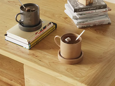 Wooden Table Setting With Two Mugs On Coasters Stacked Books And Spoons 3d model