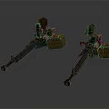 Two Military Machine Guns with Green Barrels Yellow Magazines and Mounts
