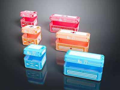 Colorful Storage Boxes with No77 Labels in Pink Orange Blue on Dark Reflective Surface 3d model