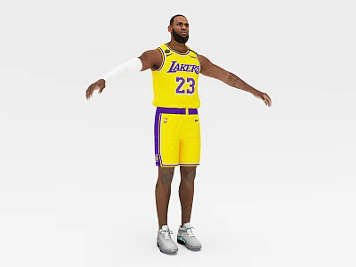 A man wearing yellow Lakers jersey number 23 standing with arms outstretched 3d model