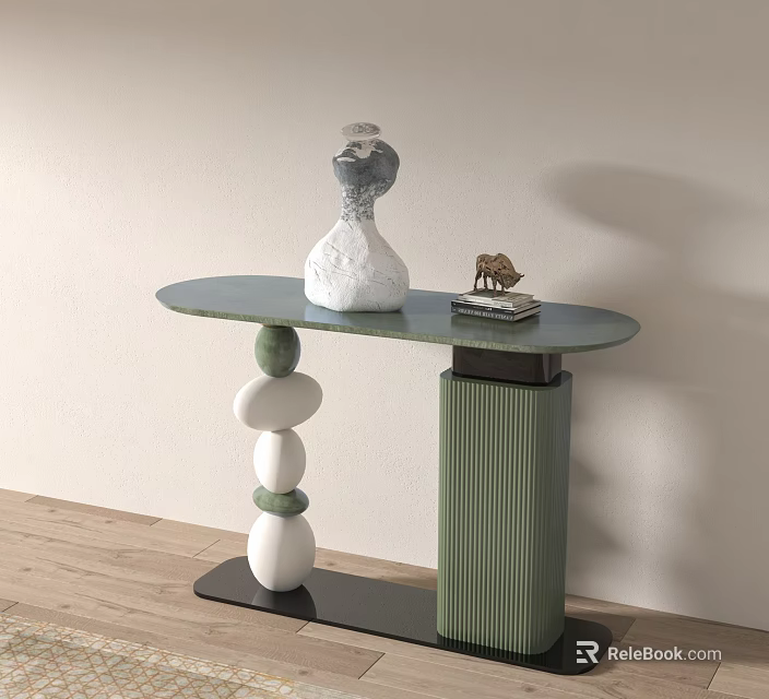 Modern Console Table With Green Tabletop White Vase Stone Ball Base And Green Column 3d model 