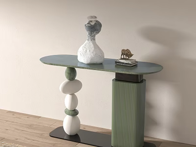 Modern Console Table With Green Tabletop White Vase Stone Ball Base And Green Column 3d model