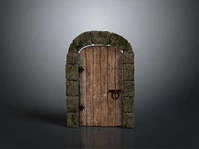 Ancient Arched Stone Door With Weathered Wooden Panel Rustic Metal Ring Handle And Stone Frame 3d model