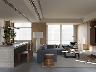 Modern Warm Open Dining And Living Room Interior With Natural Wood Accents And Cozy Furniture 3d model