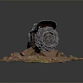 Rugged Custom Motorcycle on Sandy Beige Rocky Dirt Base with Metallic Parts Red Accents