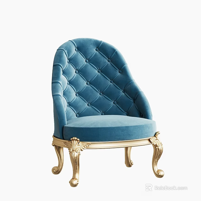 Luxurious Blue Velvet Tufted Accent Chair With Golden Carved Ornate Legs 3d model 