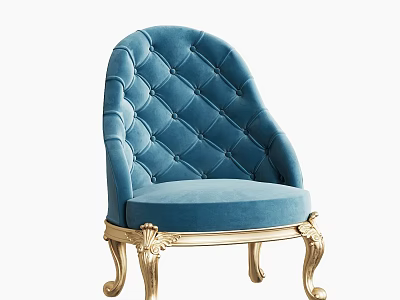Luxurious Blue Velvet Tufted Accent Chair With Golden Carved Ornate Legs 3d model