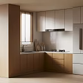 Modern Kitchen Interior With Wooden Cabinets White Appliances Window And Countertop