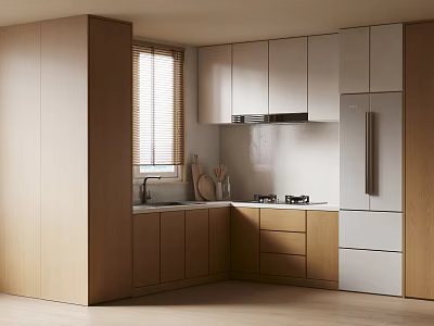 Modern Kitchen Interior With Wooden Cabinets White Appliances Window And Countertop 3d model