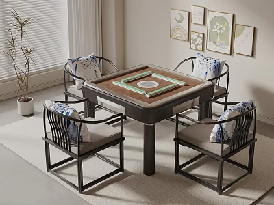 Traditional Mahjong Table Setup with Four Chairs Decorative Paintings and Potted Plant 3d model