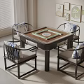 Traditional Mahjong Table Setup with Four Chairs Decorative Paintings and Potted Plant