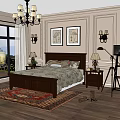 Double Bed with Wooden Frame Bedside Tables Table Lamps Wall Paintings Chandelier and Vintage Camera