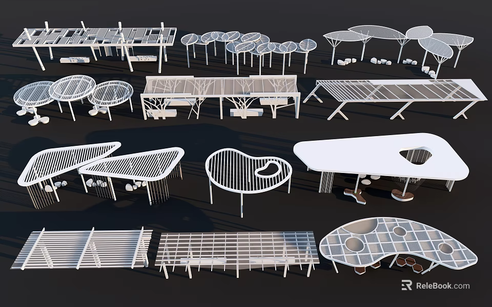 Various White Pergola Designs With Different Roof Styles For Outdoor Spaces 3d model 