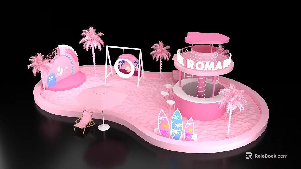 Pink Roman Themed Display Area With Palm Trees Surfboards Lounge Chair And Sun Umbrella 3d model 