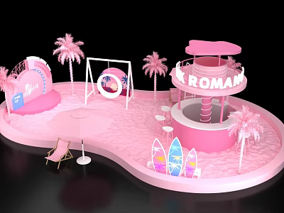 Pink Roman Themed Display Area With Palm Trees Surfboards Lounge Chair And Sun Umbrella 3d model