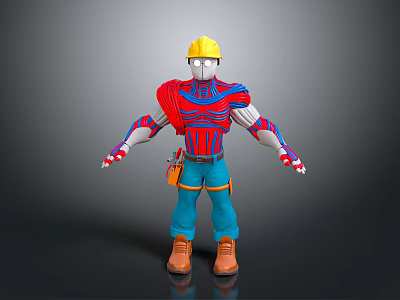 Cartoon Style Worker Character With Red Blue Clothing Yellow Hard Hat And Companion Creature 3d model