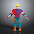 Cartoon Style Worker Character With Red Blue Clothing Yellow Hard Hat And Companion Creature