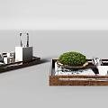 Modern Decorative Ornament Set With Wooden Tray Green Plant And Small Decor Pieces
