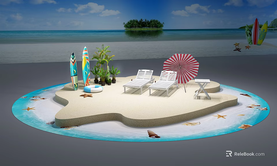Tropical Beach Scene With White Sand Chairs Red Umbrella Surfboards Palm Trees And Distant Island 3d model 