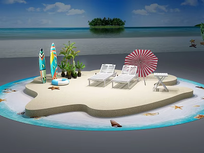 Tropical Beach Scene With White Sand Chairs Red Umbrella Surfboards Palm Trees And Distant Island 3d model