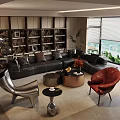Modern Black Sofa and Round Coffee Table Set with Red Chair Metal Base