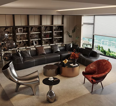 Modern Black Sofa and Round Coffee Table Set with Red Chair Metal Base 3d model