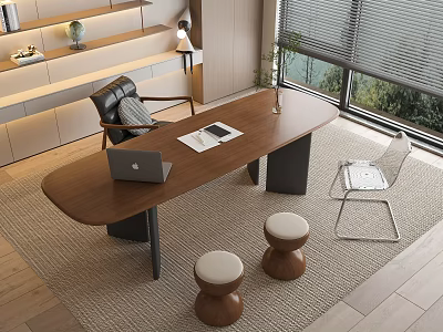 Wooden Desk with Laptop Documents Leather Chair and Round Stools on Rug Near Window 3d model