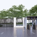 Entrance Gate with Black Metal Fence White Pillars Access Control Turnstiles and Surrounding Green Trees